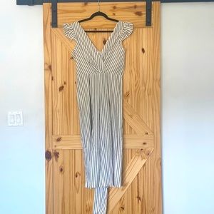 Wide leg 1901 cream and blue striped jumpsuit with tie belt and gold zipper